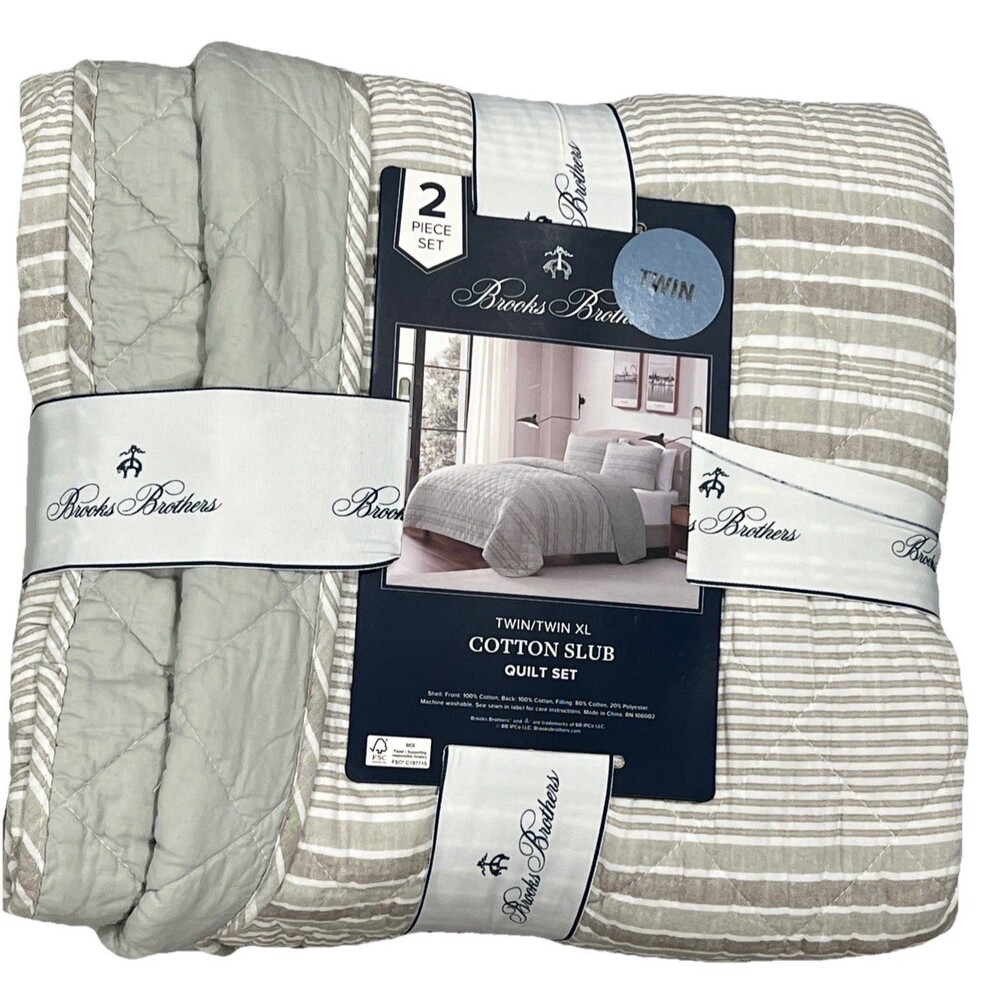Brooks Brothers Cotton Slub Quilt Sham Set TWIN XL Green Stripes Diamond Stitch